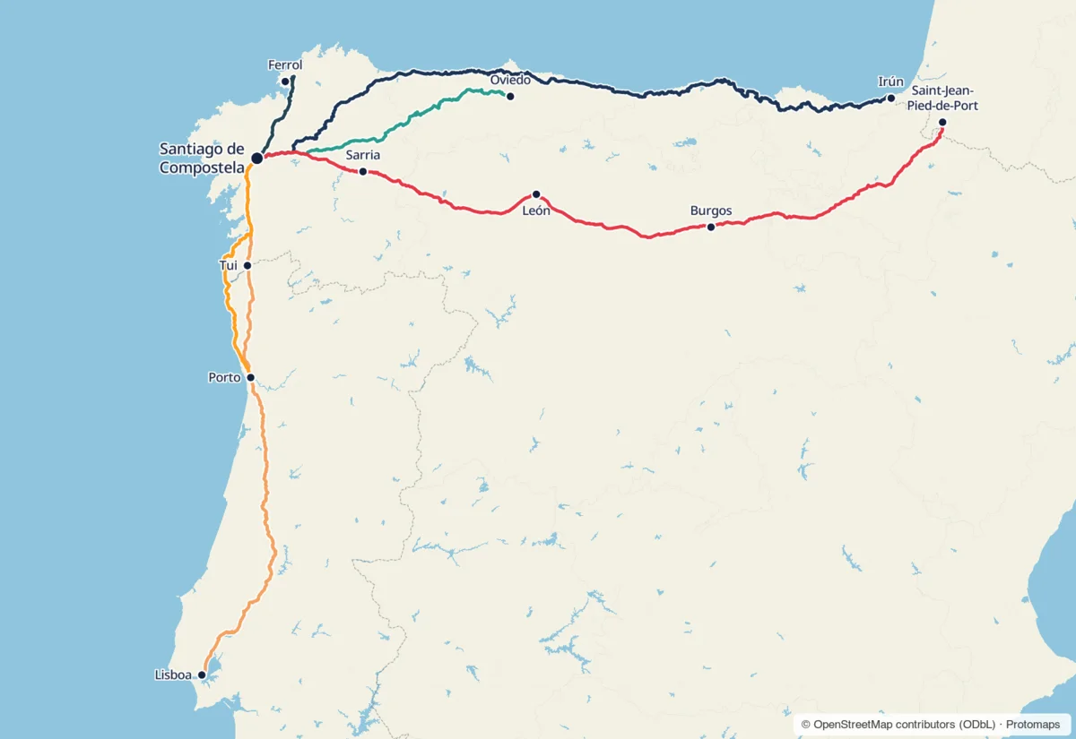 Six main routes. Red: Camino Francés; light orange: Portuguese Way (Central); bright orange: Portuguese Coastal Way; dark blue: Camino del Norte; teal: Camino Primitivo; dark green: English Way. Map data © OpenStreetMap contributors (ODbL)