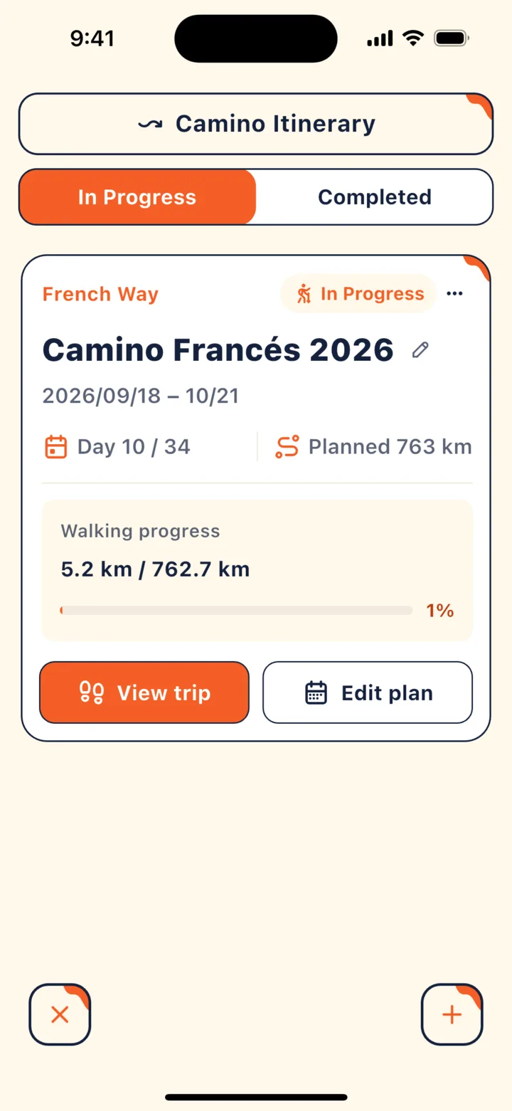 Camino Itinerary: active trip, walking progress, and “Edit plan”