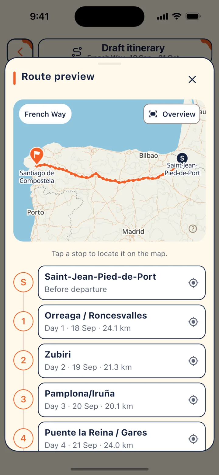 Route preview: view the entire route and daily stops on the map