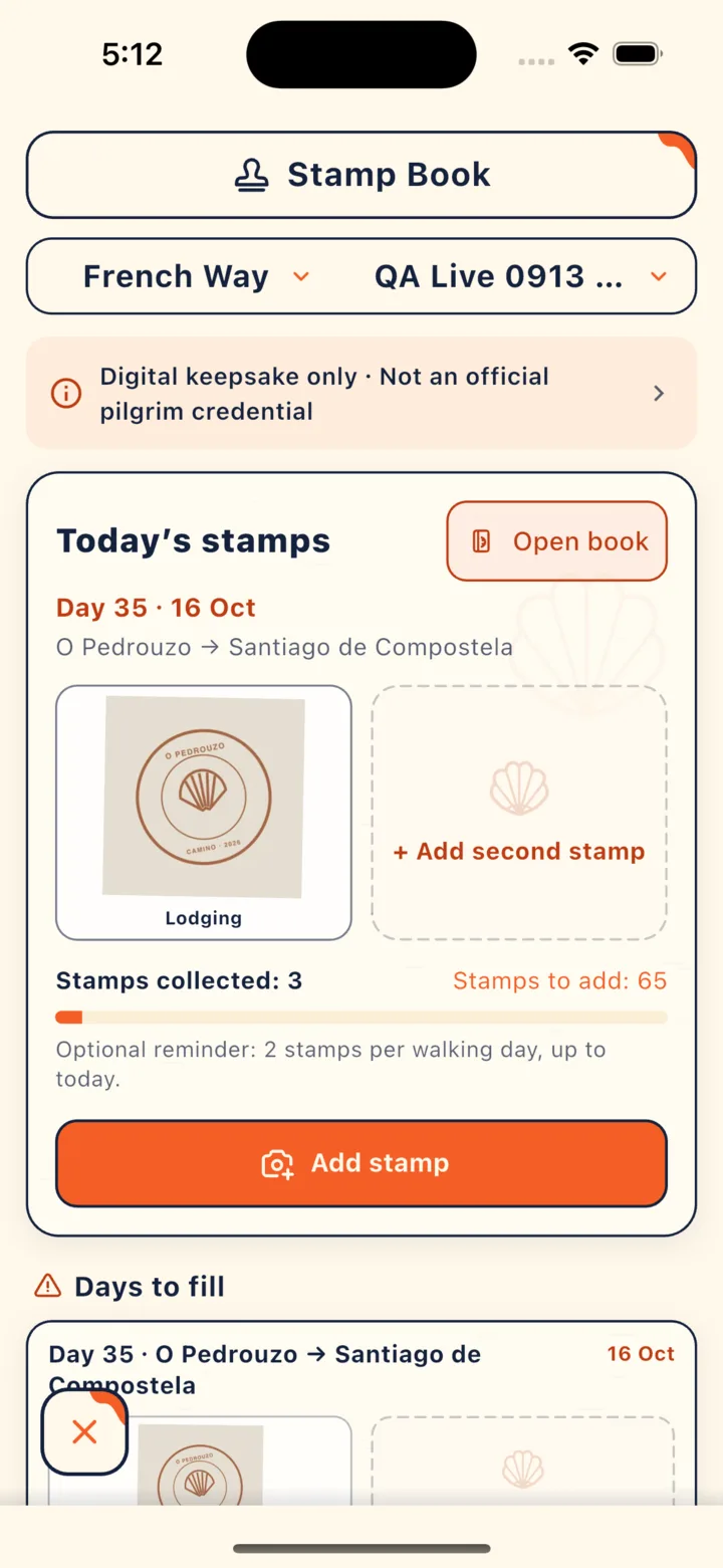 Today’s stamps in the Stamp Book: two slots per day, with Days to fill below (stamps shown are sample illustrations by CaminoGO)