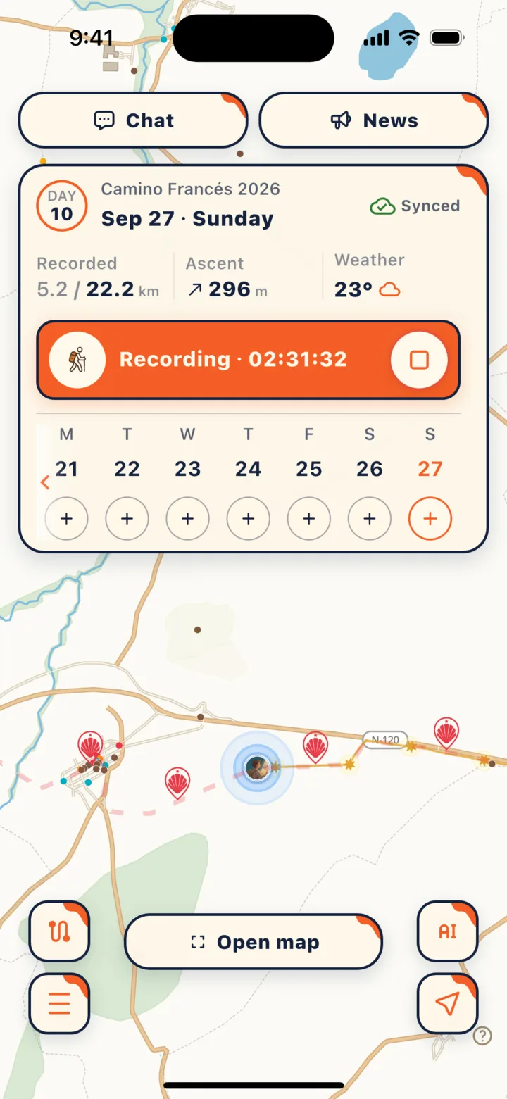 Daily card on the home screen: today's stage, logged distance, elevation gain, and weather