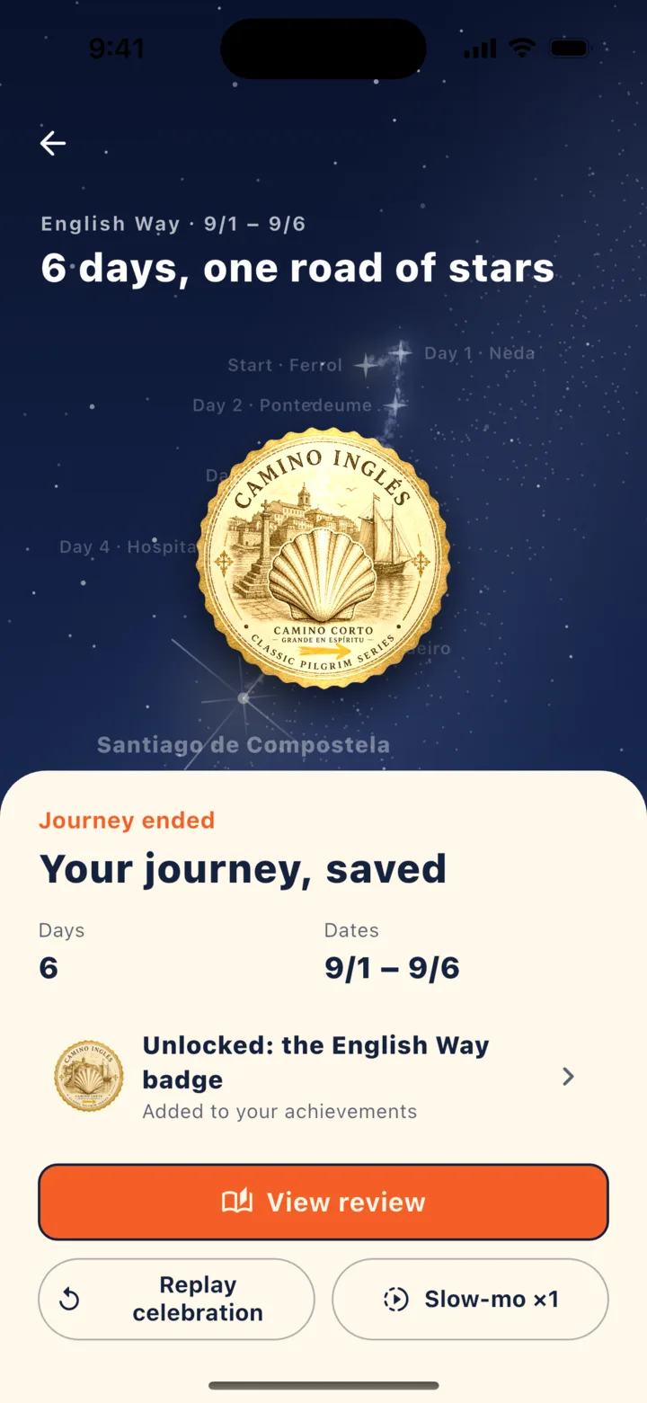 After finishing: star-road celebration and route badge