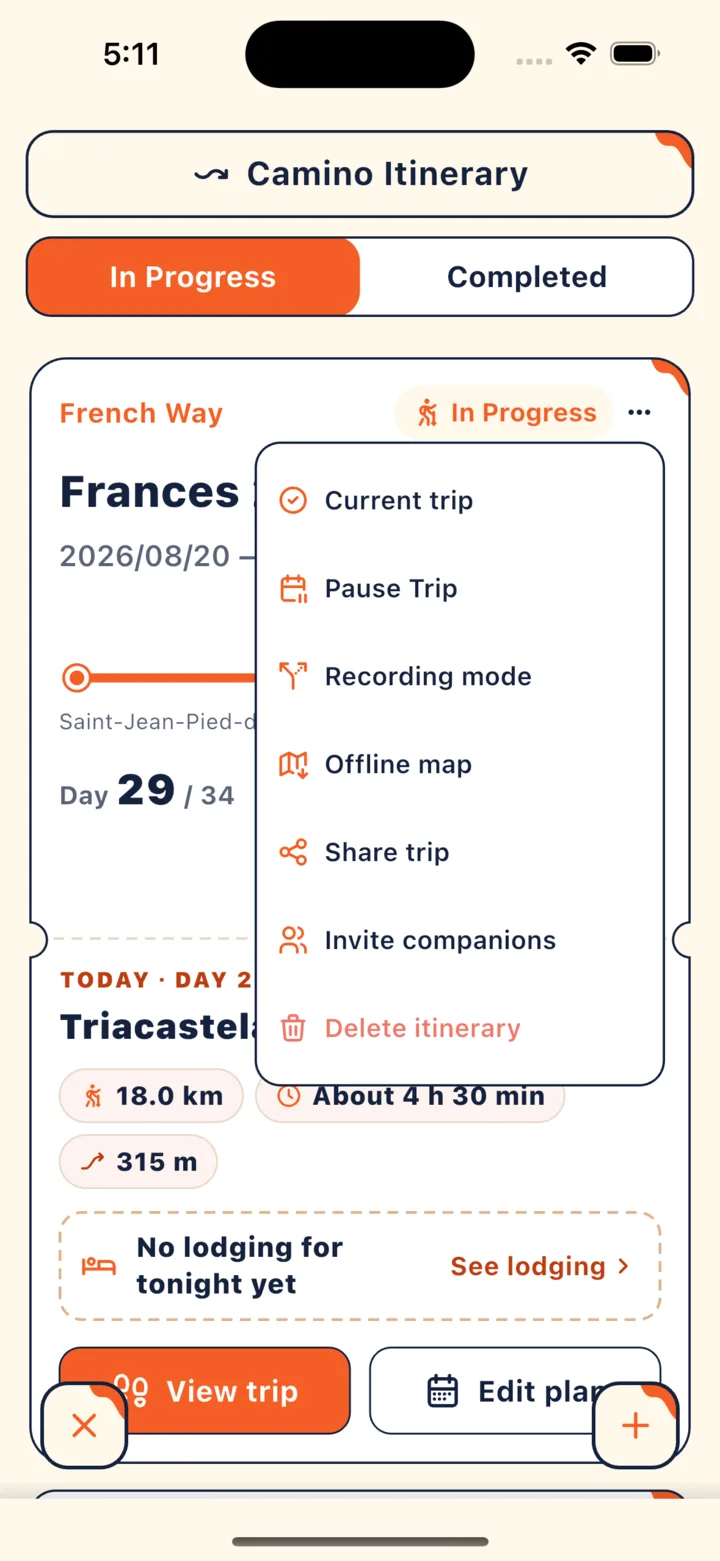 The menu opened from “⋯” in the top-right corner of a trip card, with “Offline map” in the middle