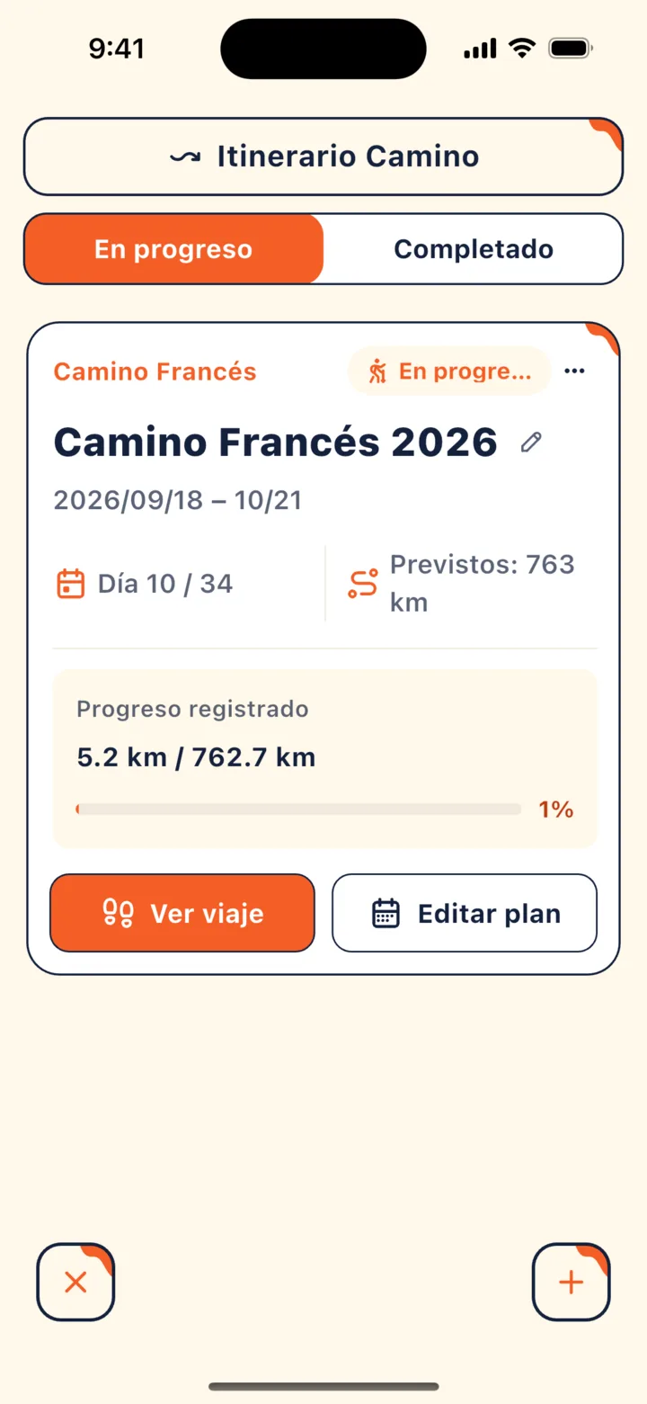 Itinerario Camino: viaje en curso, progreso de la caminata y el botón «Editar plan»