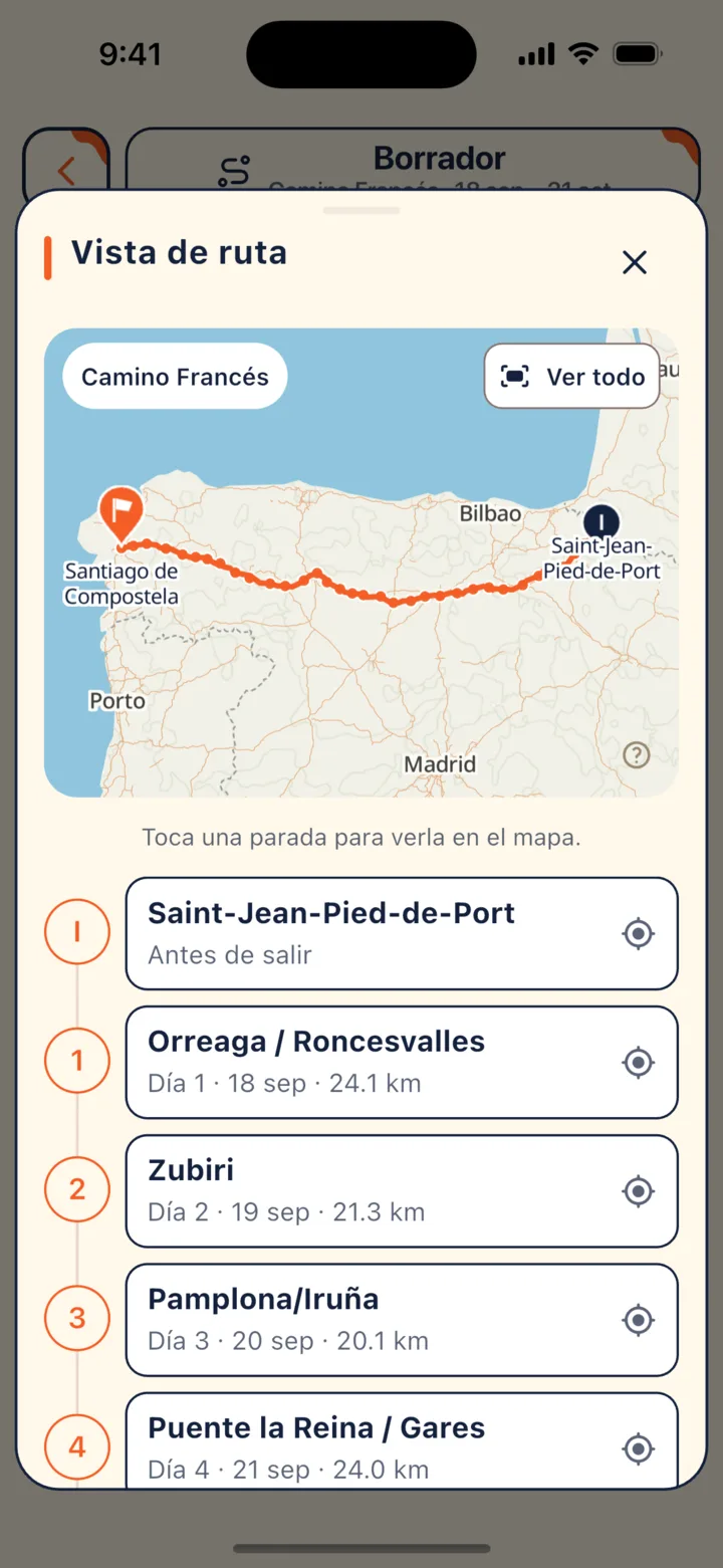 Vista previa de la ruta: consulta en el mapa todo el recorrido y las paradas de cada día