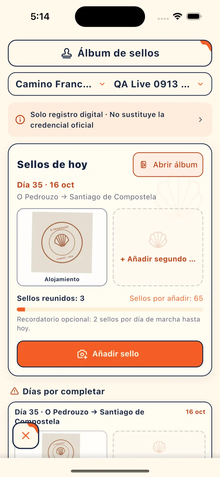 Sellos de hoy en el Álbum de sellos: dos casillas por día y, debajo, Días por completar (los sellos de la imagen son ilustraciones de ejemplo creadas por CaminoGO)