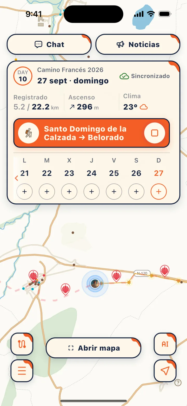 Tarjeta diaria en la pantalla de inicio: tramo de hoy, distancia registrada, desnivel y tiempo