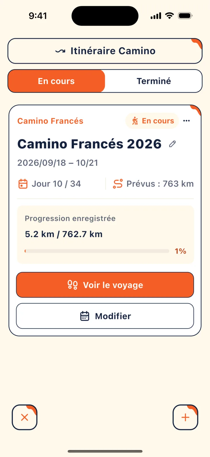 Itinéraire Camino : parcours en cours, progression de marche et bouton « Modifier »