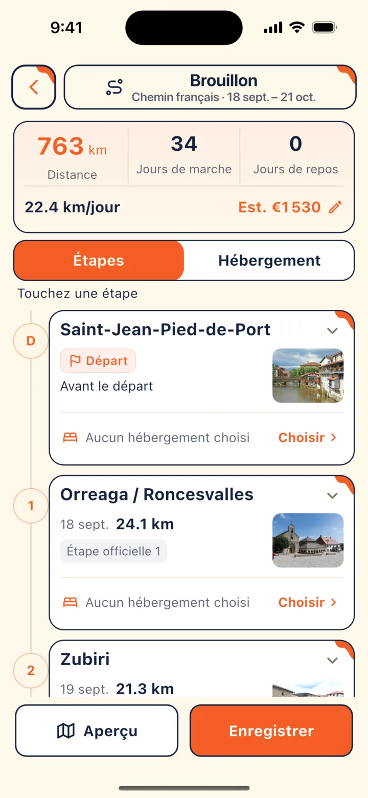 Brouillon d’itinéraire : distance totale, jours de marche, jours de repos, étapes quotidiennes et hébergements
