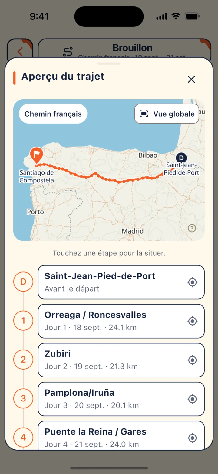 Aperçu de l’itinéraire : visualiser l’ensemble du parcours et les étapes quotidiennes sur la carte