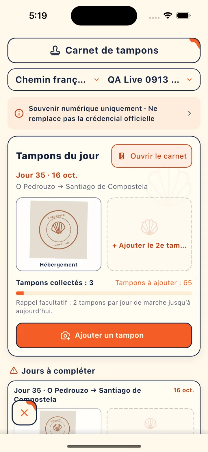 Tampons du jour dans le Carnet de tampons : deux cases par jour et Jours à compléter en bas (les tampons affichés sont des illustrations créées par CaminoGO)