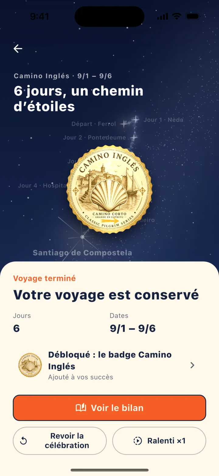 Après l'arrivée : célébration du chemin d’étoiles et badge d'itinéraire