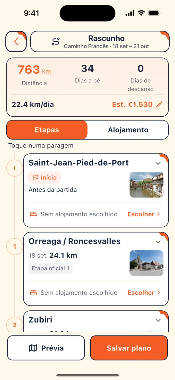 Rascunho do roteiro: distância total, dias de caminhada, dias de descanso, paradas diárias e alojamento