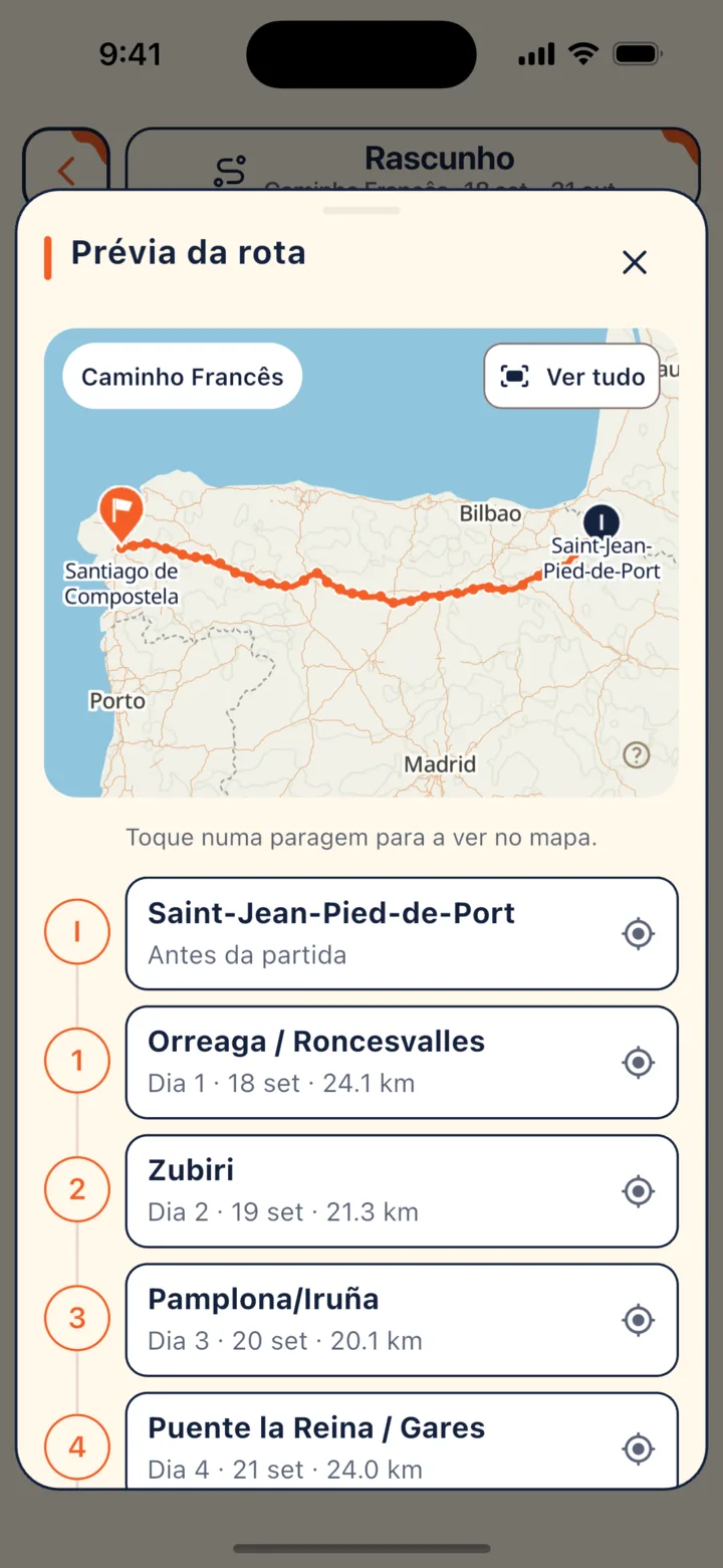 Prévia da rota: veja o caminho completo e as paradas diárias no mapa