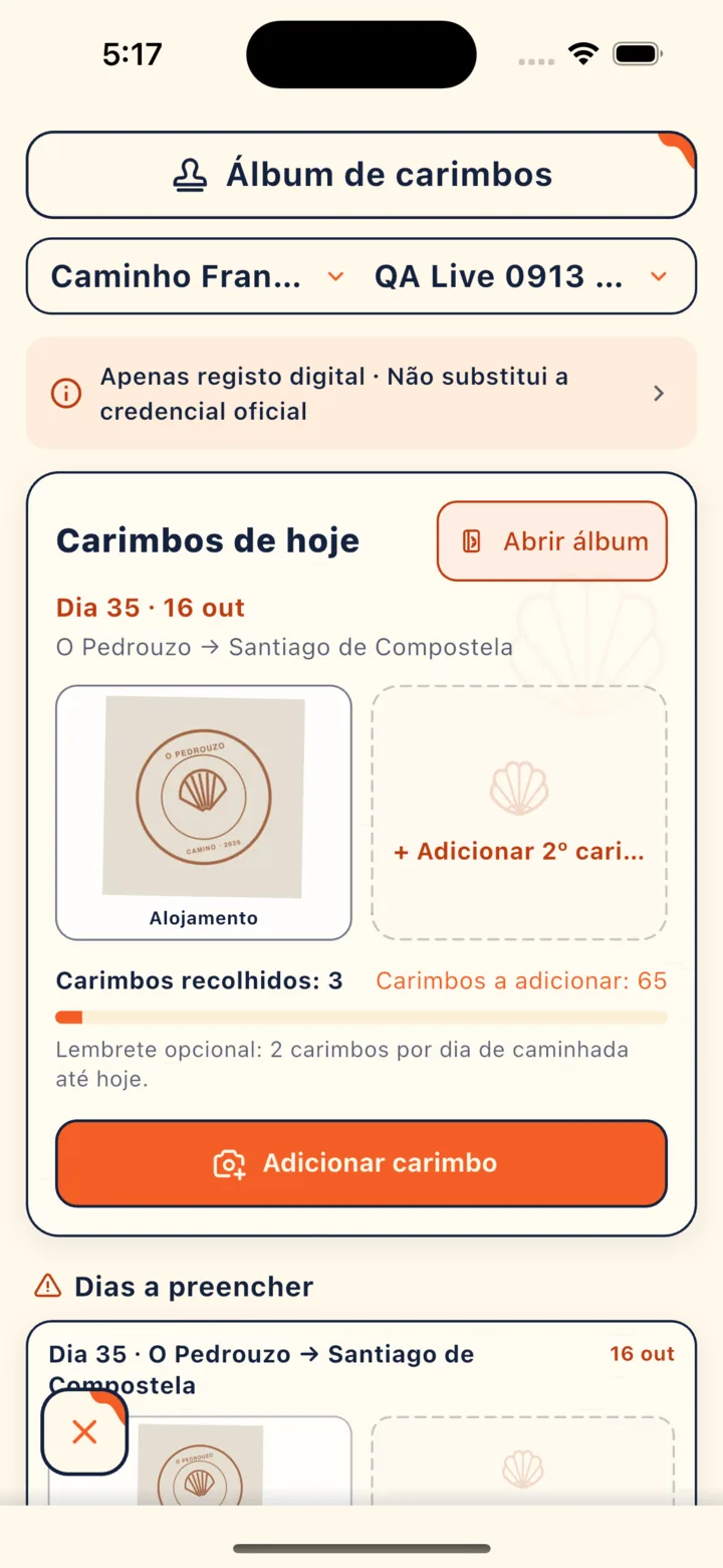 Carimbos de hoje no Álbum de carimbos: dois espaços por dia e os dias a preencher abaixo (os carimbos na imagem são ilustrações criadas pelo CaminoGO)