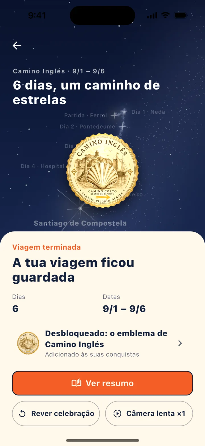 Depois de concluir: celebração do caminho de estrelas e insígnia da rota