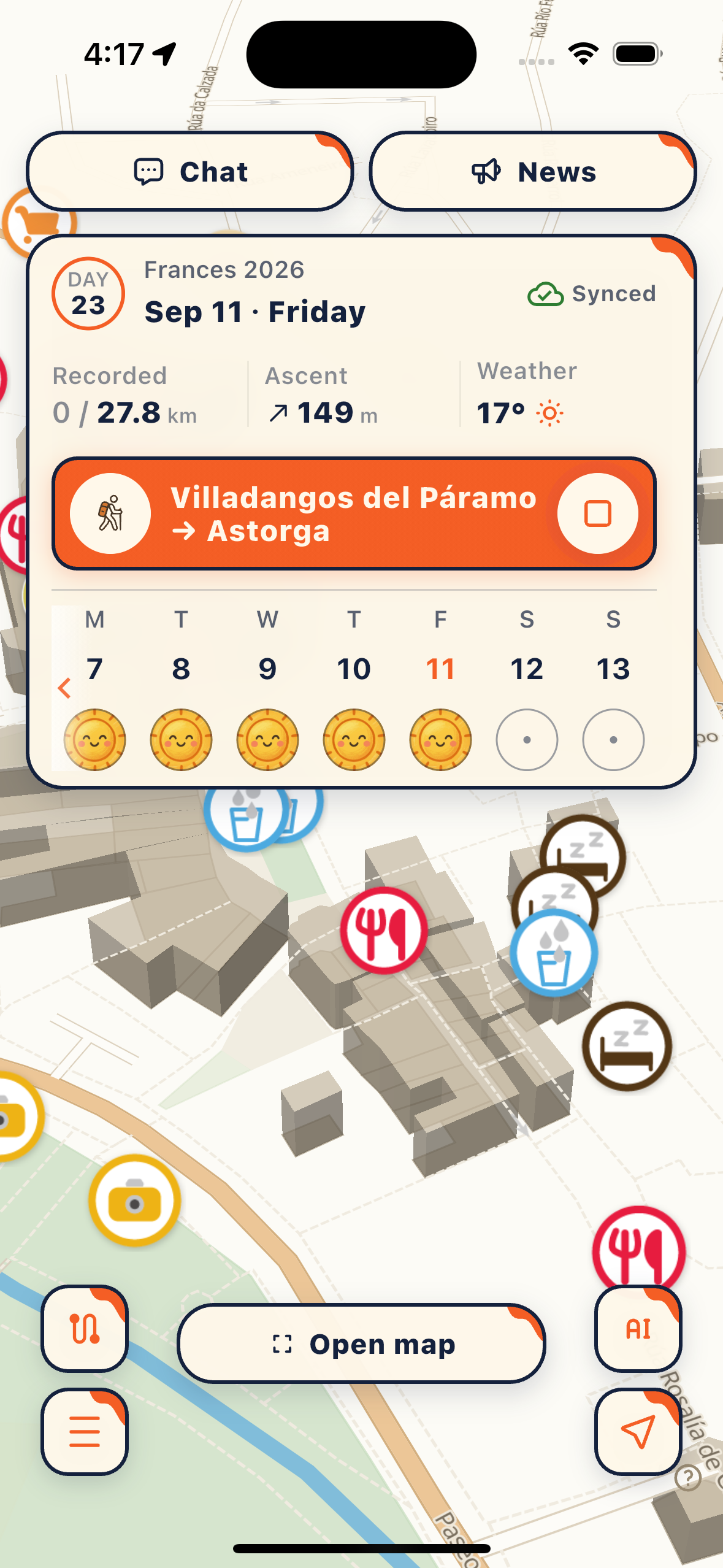 Camino GO map with today’s walking stage, ascent, weather and mood calendar